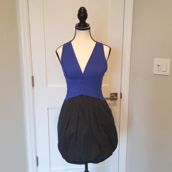 BCBGMaxAzria Blue Sapphire Knit Dress Taffeta Bubble Skirt with pockets Size S - Picture 1 of 8